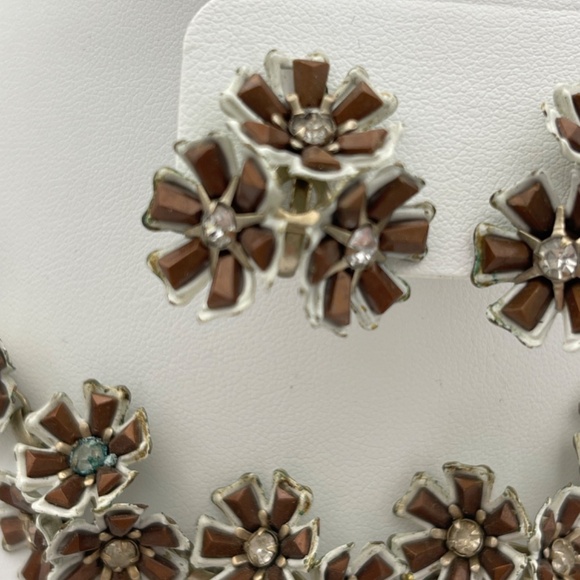 Vintage Necklace Matching Set Earrings Brown White Clear  Crystal - Picture 2 of 8